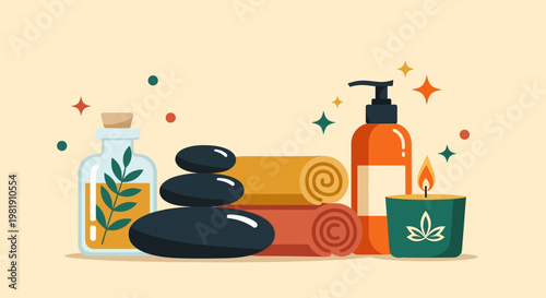 Calming spa scene with stacked stones towels and bottles in a serene wellness setting.