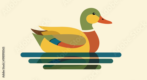 Cartoon Mallard Illustration of a Duck Swimming on Water in a Calm Scene.