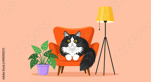 Cozy indoor lifestyle scene featuring a black and white cat relaxing on an orange armchair beside a plant and a floor lamp.