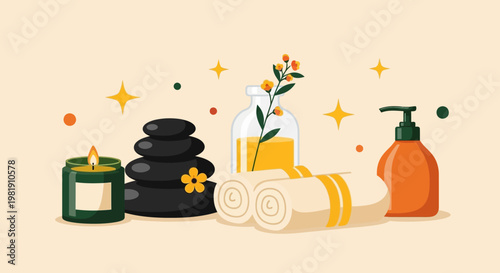 Relaxing spa setup with stones, towels, candle and essential oils for home wellness and calm.