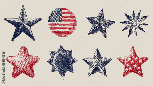 USA Text Icon Set with Flag Texture Fill and Bold Typography Featuring Stars and Globe Elements