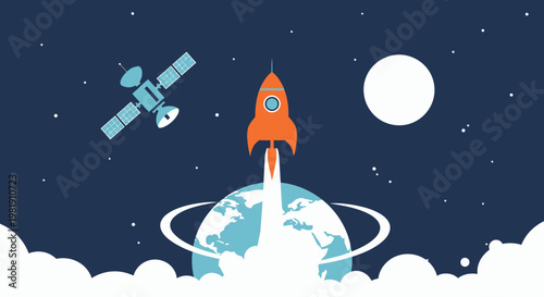 Nighttime rocket launch from cloudy horizon with satellite in a starry sky.