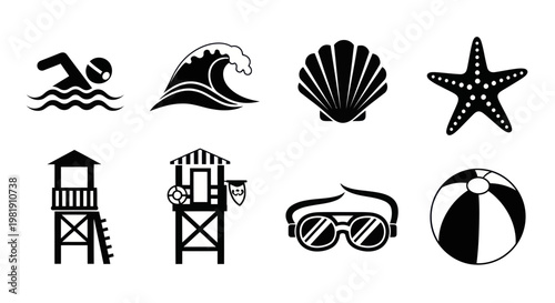 Summer Beach Icons Set: Swimming, Waves, Seashell, Starfish, Lifeguard, Goggles, Ball