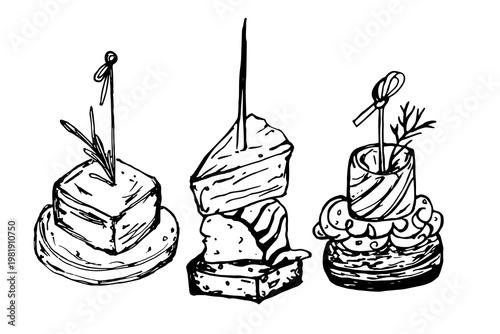 Canape set isolated Vector sketch, small sandwich strung on skewer. Snack for alcohol, appetizer. Black and white sketch on white background.