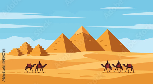 Desert Landscape with Pyramids, Camels, and Dunes Under a Bright Sky in Historic Egypt.