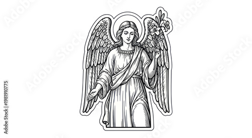 Angel with Wings and Lily Flower, Outline Drawing, Divine Messenger