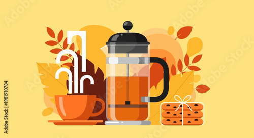 Sunny Morning Coffee Scene with French Press, Mug, and Pastries on Bright Yellow Background.