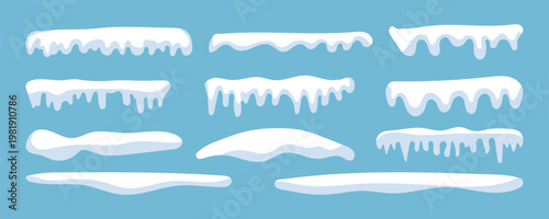 Snow cap. Snowdrifts decorative. Snowy roof effect season. Frost weather icy heaps. Vector cartoon image of fallen snow. Winter and cold concept.