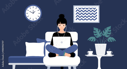 Woman Relaxing on Sofa Reading a Book in a Cozy Modern Living Room.