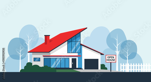 Modern suburban house with for sale sign and tree-lined surroundings.