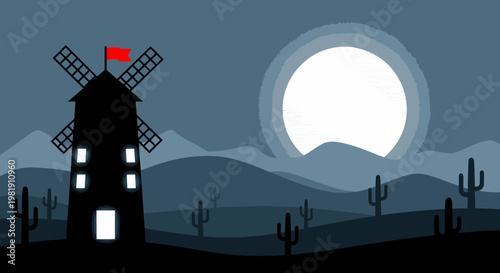 Serene desert night landscape with a distant windmill, moonlit silhouette and rugged cacti under a blue sky.
