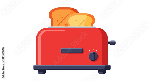 Red toaster with two slices of bread popping out on a white background, modern kitchen illustration.