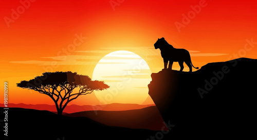 Silhouette of a Horse at Sunset Over a Savanna Cliff Landscape.