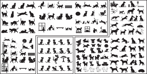 a collection of cat, dog , kangaroo silhouettes in various poses and movement