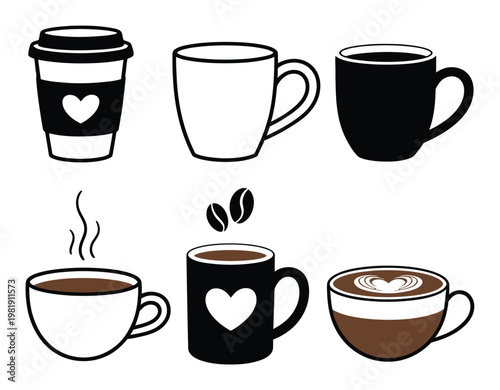 Collection of Coffee Cups and Coffee Beans with Heart