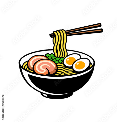 Japanese Ramen Bowl Side View with Chopsticks Holding Noodles Flat Vector Illustration Minimal Food Design