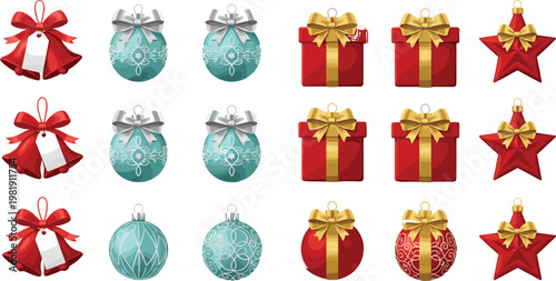 Christmas Ornaments and Gift Boxes Vector Set with Red Bells, Star Shaped, and Golden Bows for Holiday, Christmas, and Festive Design