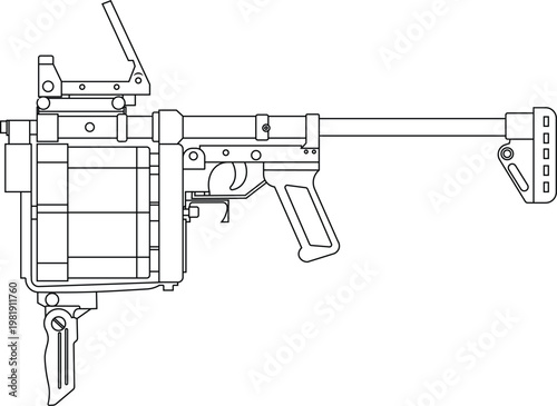 Drawing of a MSGL grenade launcher side view vector illustration. Multiple grenade launcher drawing illustration.