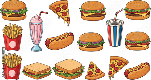 Fast food vector set featuring delicious burgers, crispy french fries, pepperoni pizza slices, hot dogs, sandwiches, strawberry milkshake, and soda for menu design.