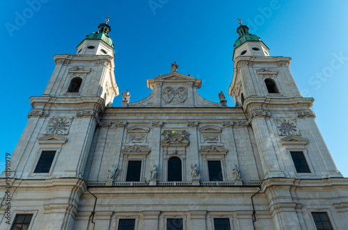 Salzburg Cathedral facade with twin towers under clear blue sky - Austria