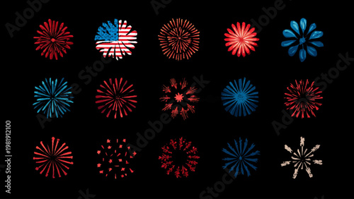 Vibrant usa themed colorful fireworks burst icons on globe encompass diverse patterns