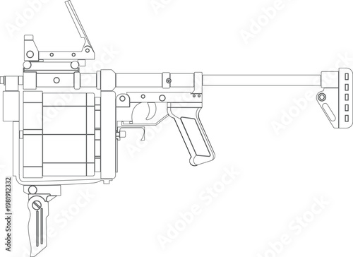 Drawing of a MSGL grenade launcher side view vector illustration. Multiple grenade launcher drawing illustration.