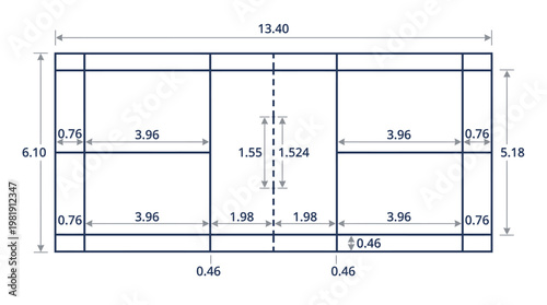Badminton Court Blueprint: A meticulously drawn blueprint of a badminton court, showcasing precise dimensions, lines, and the overall layout for professional badminton.