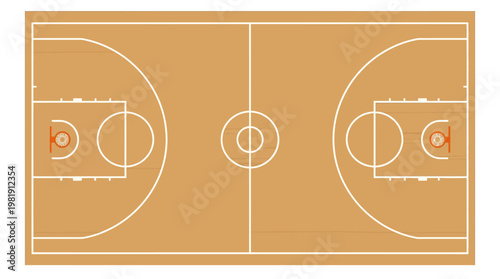 Basketball Court Layout: A minimalist, top-down view of a basketball court, meticulously designed with precise lines and key markings.