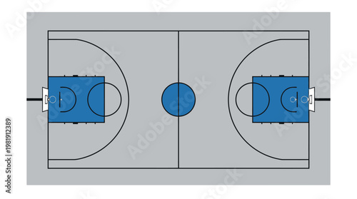 Basketball Court: A bird's-eye perspective showcases the structured elegance of a basketball court, with its precise lines, strategic zones, and the iconic hoop positions.