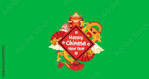 Happy chinese new year text banner with chinese concept icons against black background