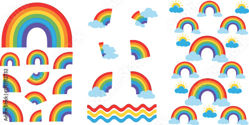 Colorful Rainbow Vector Collection with Clouds, Sun, and Bright Pastel Arcs for Optimistic and Cheerful Designs
