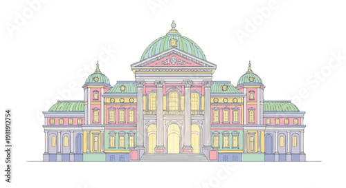 Colorful illustration of large building.