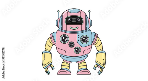 Colorful cartoon robot with smiling face.