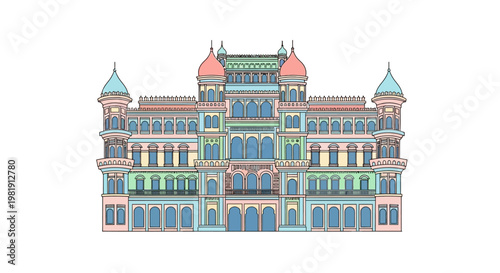 Large colorful building with towers.