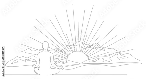 Man meditating sunrise mountains line art, spiritual awakening, peace and harmony