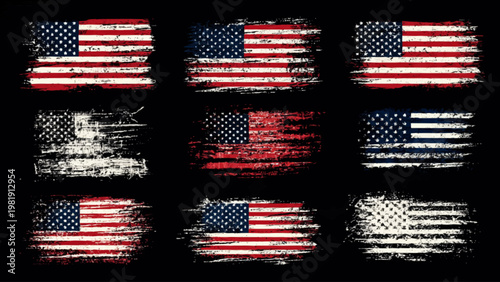 Distressed American flag icons on a globe with rough texture and artisanal designs