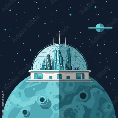 Futuristic City on Moon Surface Under Dome, Space Exploration, Sci-Fi Concept