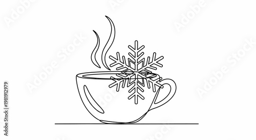 Cozy Winter Drink: Snowflake in Hot Coffee Cup with Steam, Minimalist Line Art