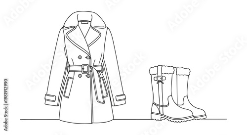 Fashionable Trench Coat and Fur-Lined Boots: Elegant Winter Outfit Sketch
