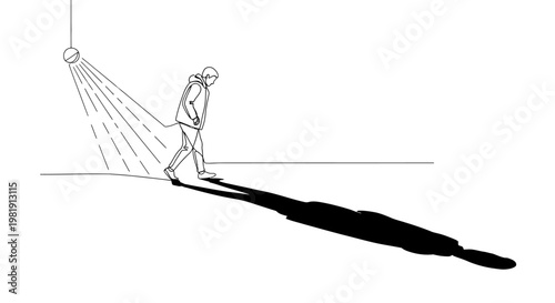 Man walking under spotlight with long shadow, concept of individuality and isolation