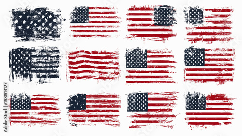 Vibrant American flags on a white background showcase various styles and textures with grunge effects