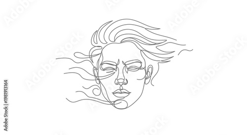 Minimalist line art illustration of a woman's face with wind blowing through her hair.