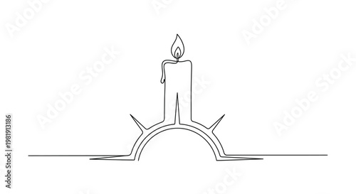 Continuous line drawing of a burning candle on an arch with spikes, symbol of hope and struggle.