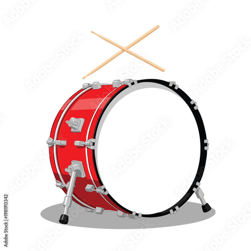Red and black marching bass drum with drumsticks on a plain white background