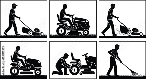 Black silhouette-style six-panel illustration of lawn care activities including mowing, riding tractor, equipment maintenance, and raking grass, symbolizing outdoor work and yard upkeep
