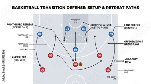 Basketball transition defense setup and retreat paths diagram showing player positions and movement on a court.