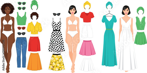 Fashionable Clothing and Accessories Vector Set with Dresses, Tops, Skirts, and Sunglasses for Women’s Wardrobe and Styling Designs