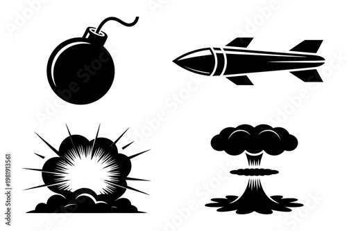 Vector of a bomb, rocket, explosion, and mushroom cloud