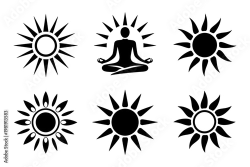 Vector of a meditating figure surrounded by stylized sun symbols