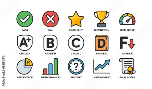 Education icons set featuring grades, performance metrics, and achievements
